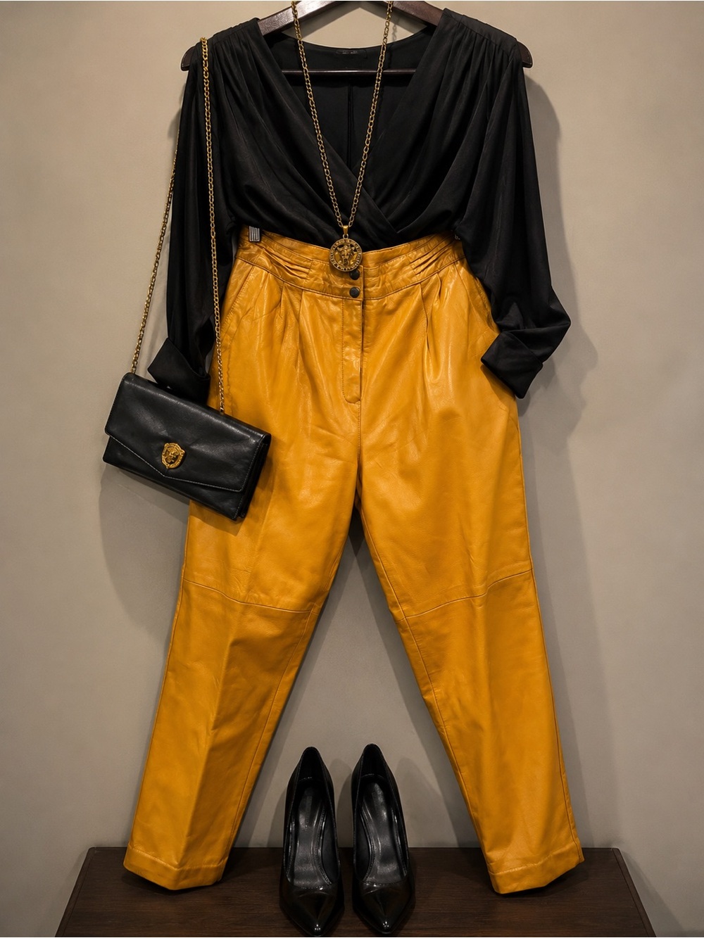 Vintage Mustard High-Waist Leather Trousers
